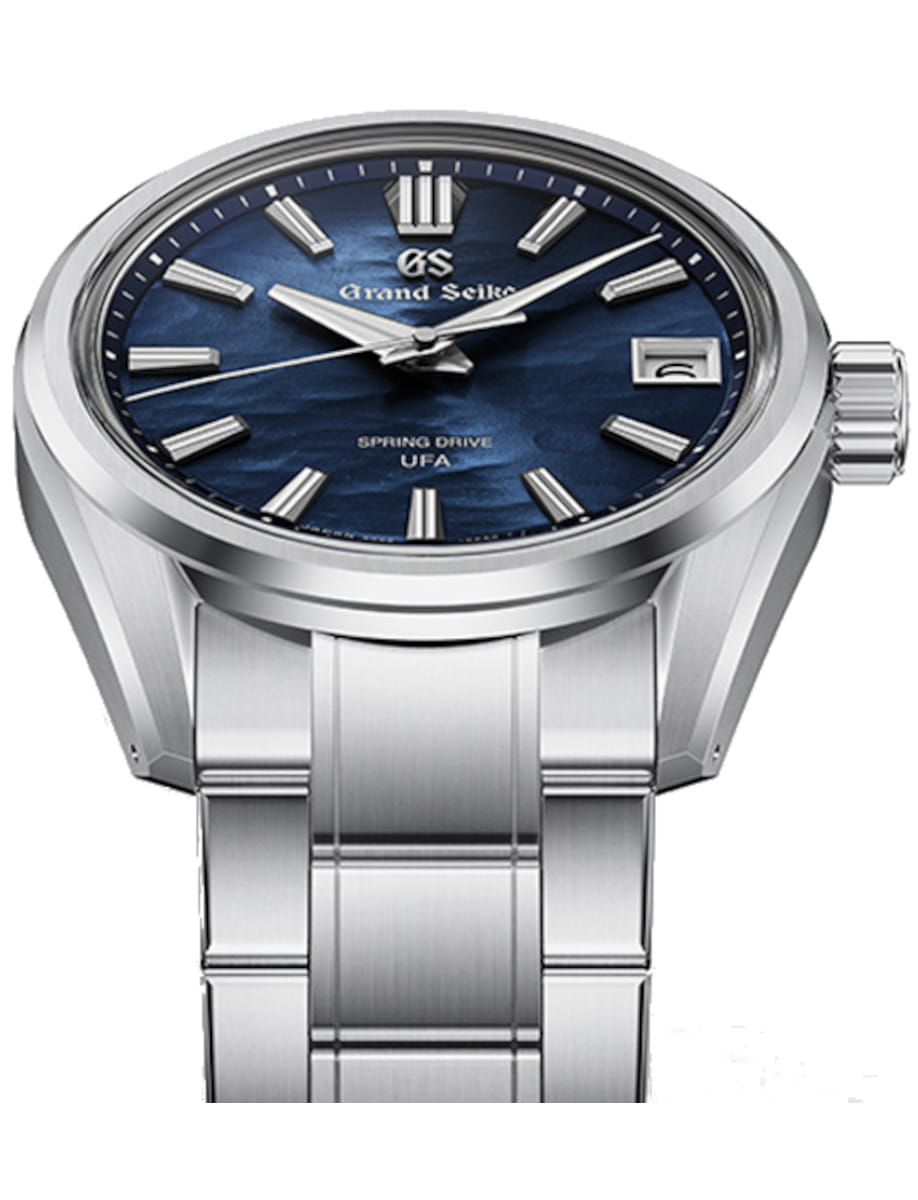 Front view of Grand Seiko wristwatch with Ever brilliant steel case and bracelet, and blue dial.
