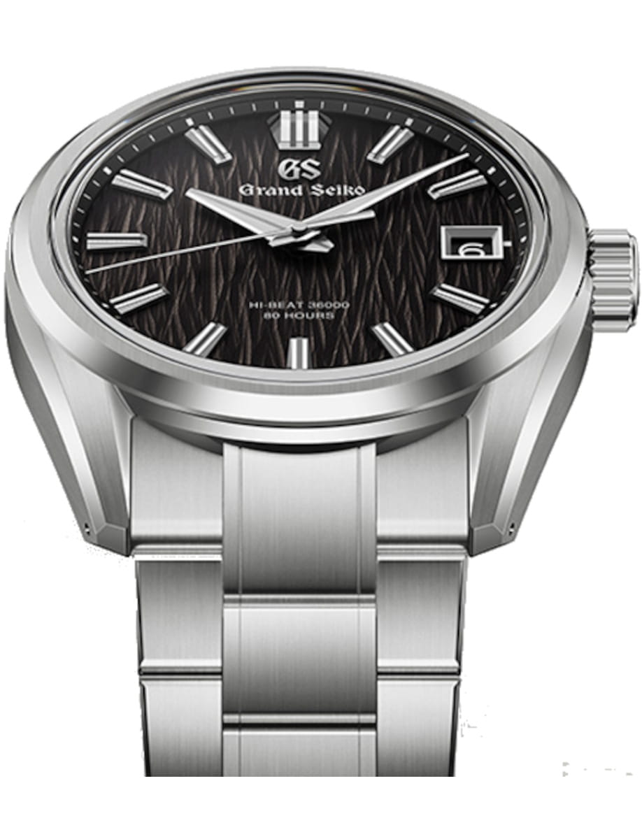 Front view of Grand Seiko Evolution 9 wristwatch with high-intensity titanium case and bracelet, and deep black dial.