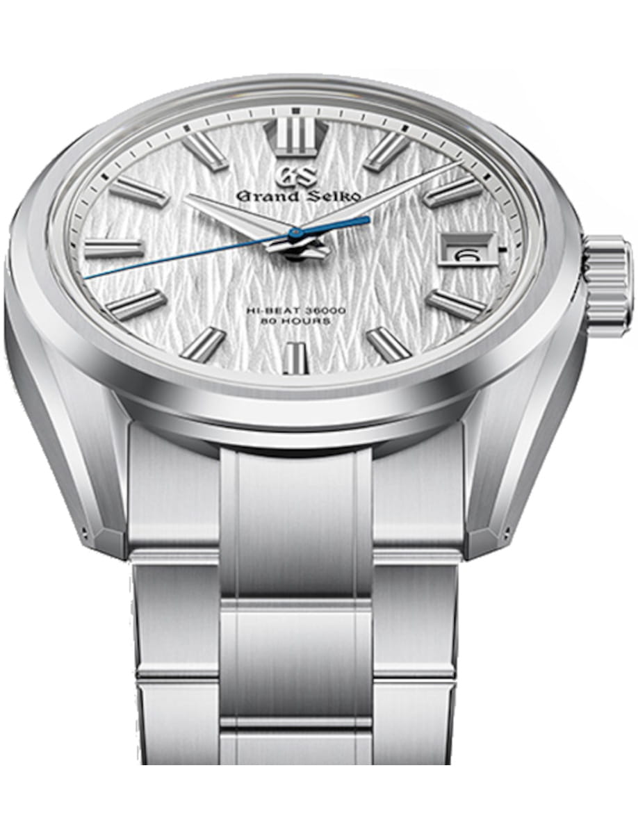 Front view of Grand Seiko wristwatch with Ever brilliant steel case and bracelet, and silvery-white dial.