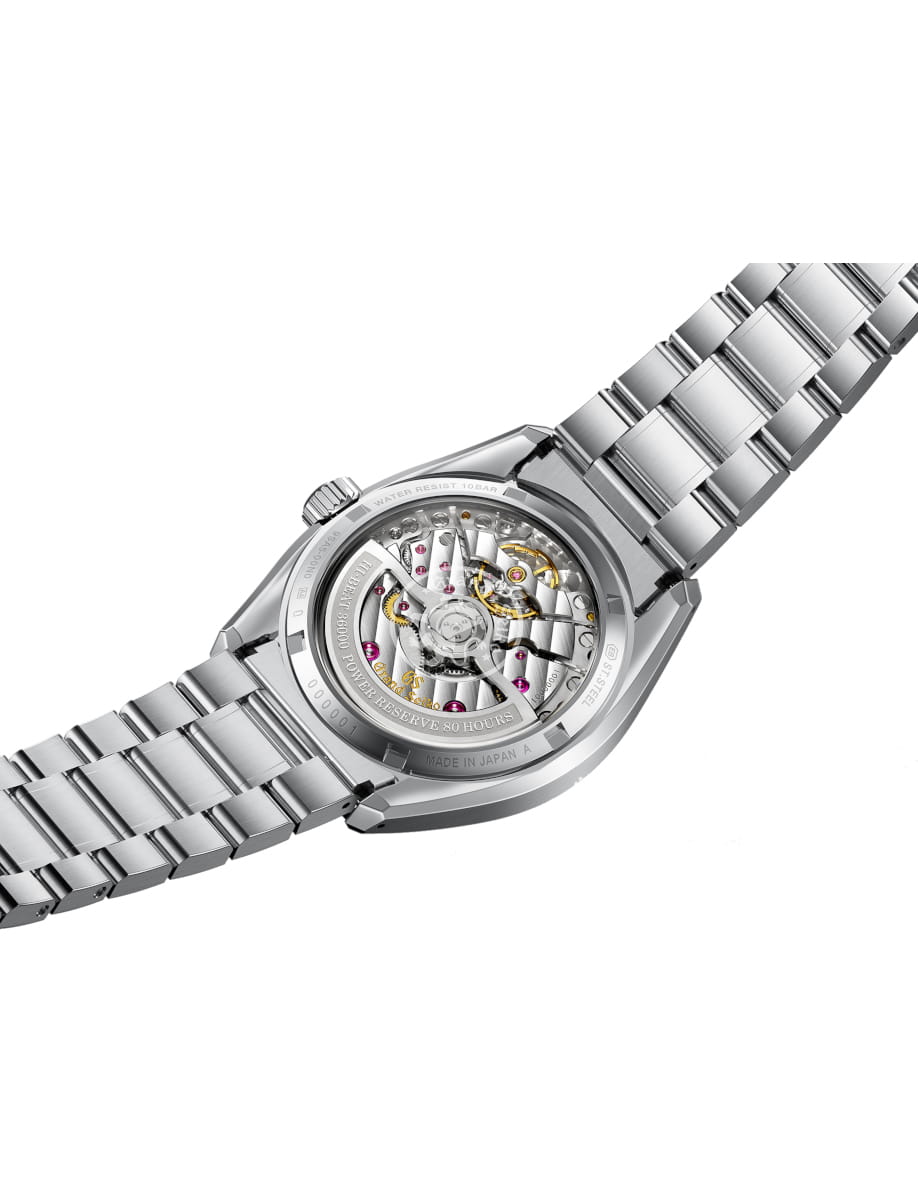 Back view of Grand Seiko wristwatch with Ever brilliant steel case and bracelet, and silvery-white dial.