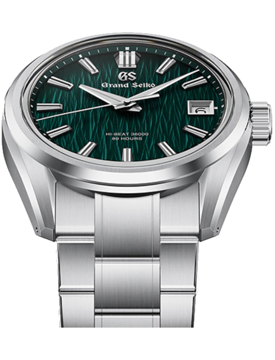 Front view of Grand Seiko wristwatch with Ever brilliant steel case and bracelet, and green dial.