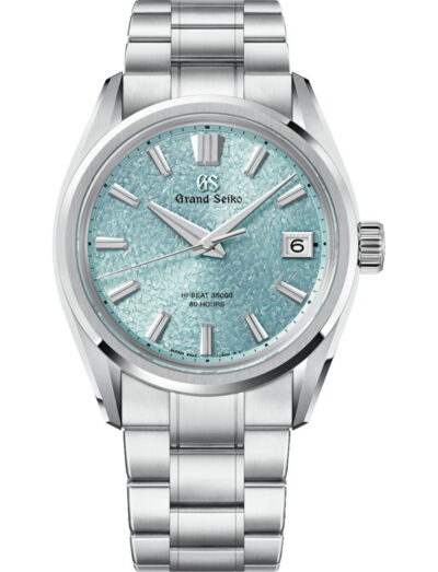 Grand Seiko wristwatch with Ever brilliant steel case and bracelet, and light blue dial.