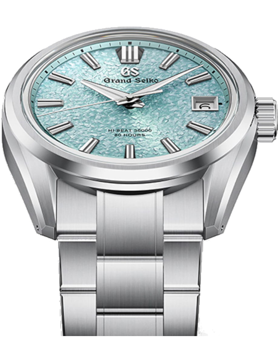Front view of Grand Seiko wristwatch with Ever brilliant steel case and bracelet, and light blue dial.