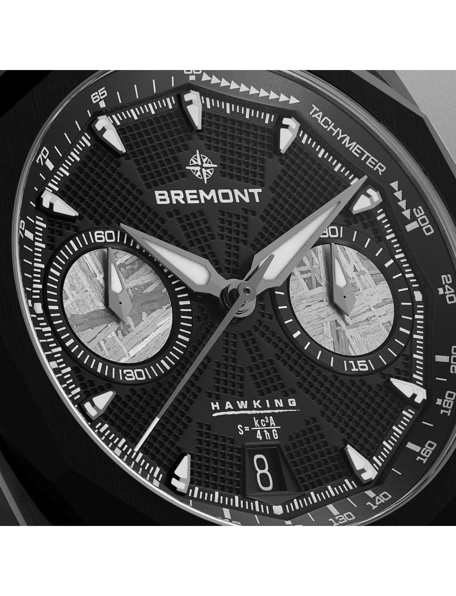Close-up of a Bremont Hawking chronograph watch face with two textured subdials and date window at 8 o'clock
