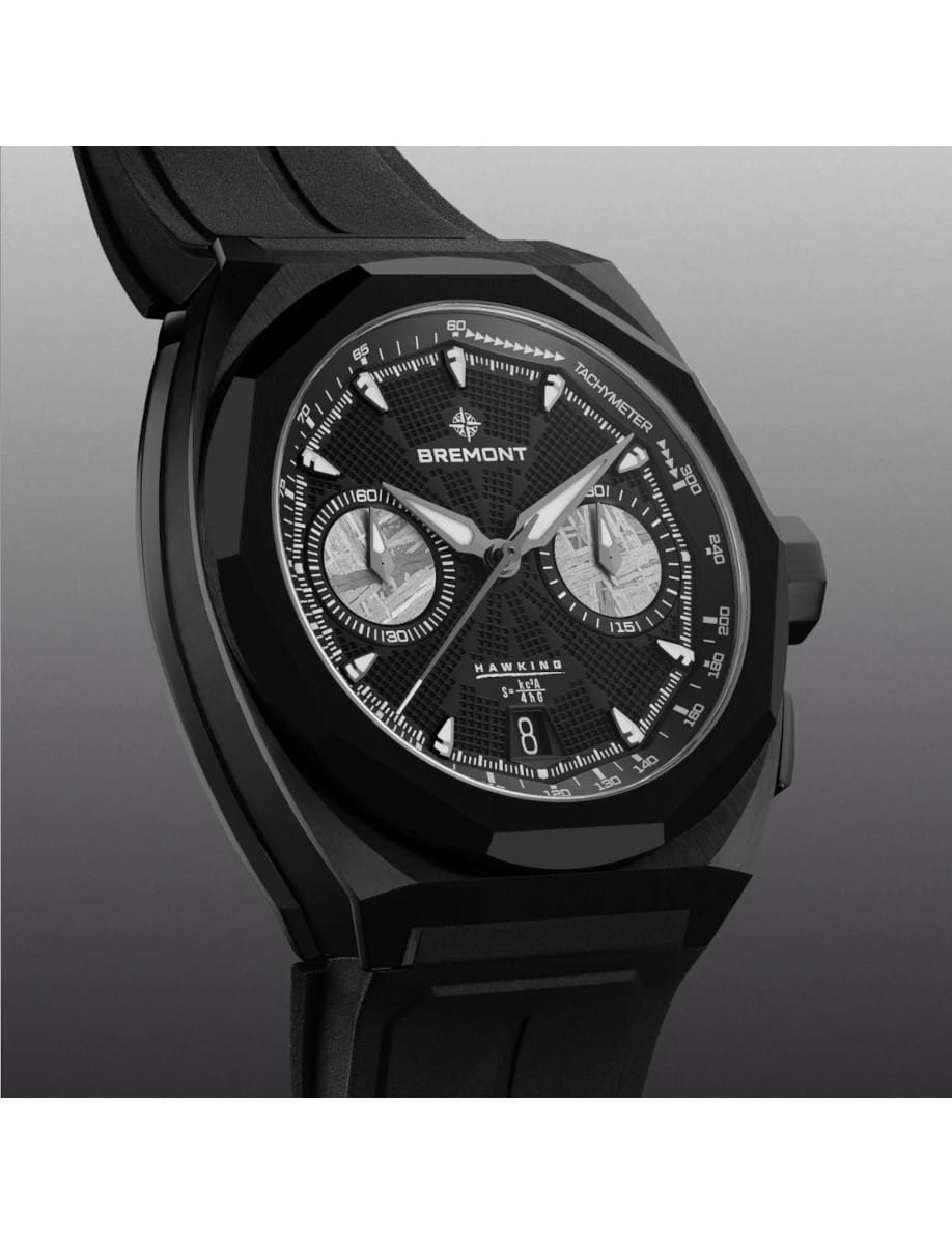 Close-up of a black Bremont Hawking chronograph watch with two silver subdials and tachymeter bezel.