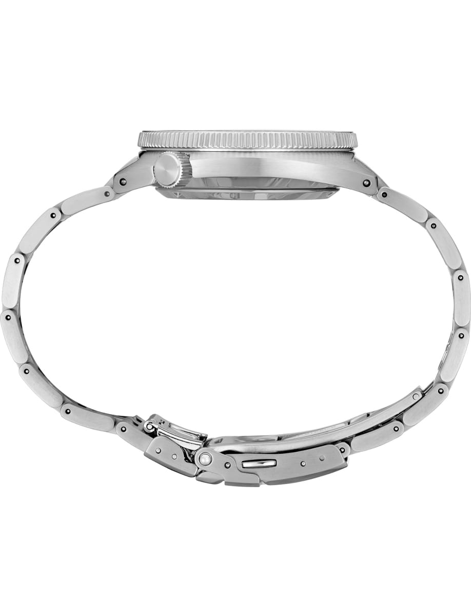 Side view of a silver stainless steel wristwatch with a linked bracelet and ridged crown.