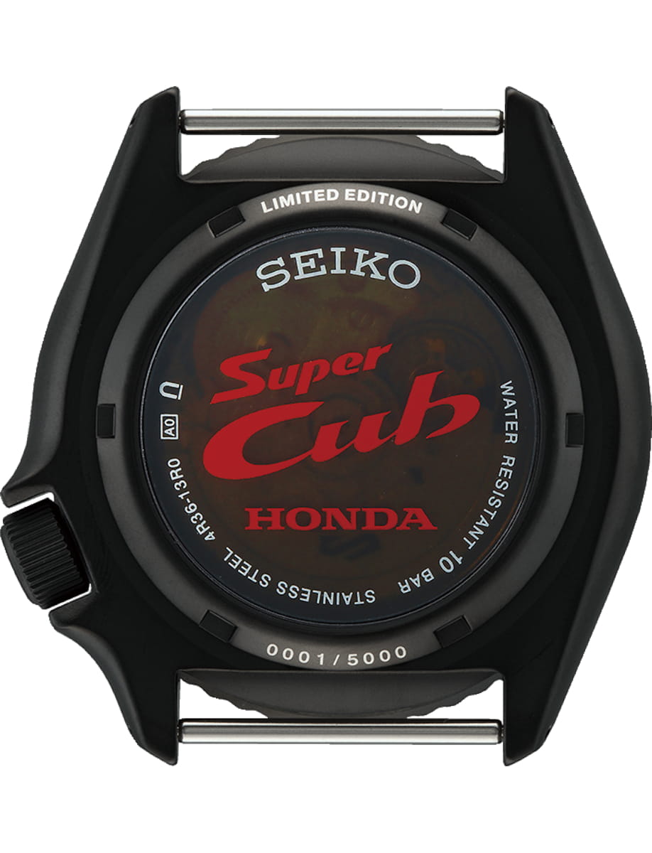Limited edition Seiko Super Cub watch back with Honda branding and serial number 0001/5000.
