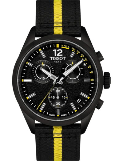 Tissot wristwatch with stainless steel case, black dial and textile strap