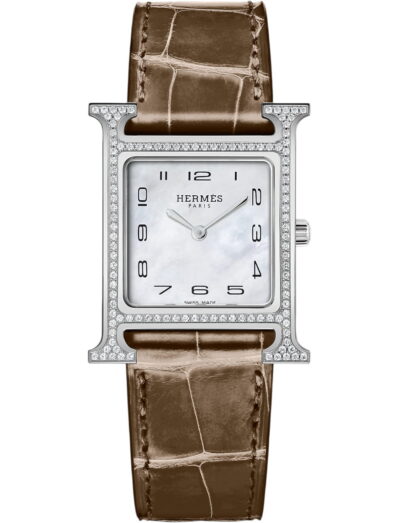 Hermes wristwatch with stainless steel case, white mother of pearl dial and alligator leather strap