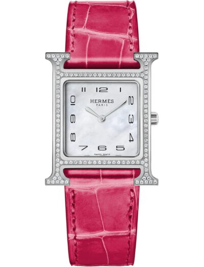 Hermes wristwatch with stainless steel case, white mother of pearl dial and alligator leather strap