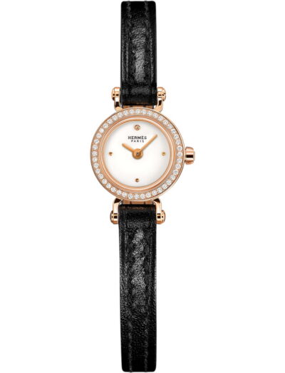 Hermes wtistwatch with rose gold case, white dial and black calfskin leather strap