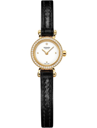 Hermes wristwatch with yellow gold case, white dial and calfskin leather strap