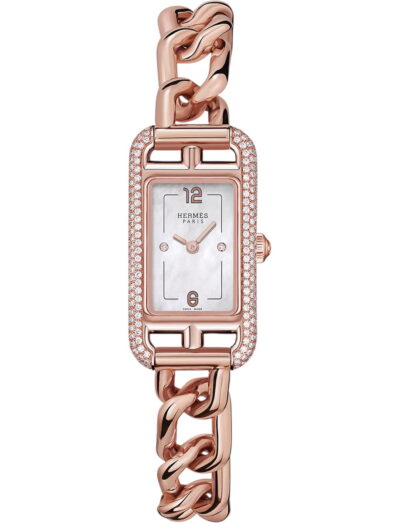 Hermes wristwatch with rose gold case and bracelet and white mother of pearl dial