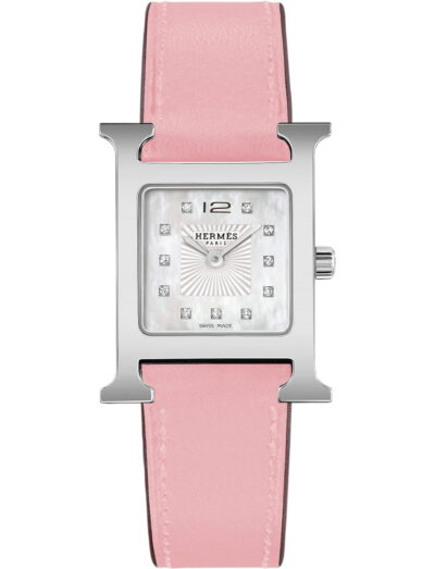 Hermes wristwatch with stainless steel case, white mother of pearl dial and calfskin leather strap