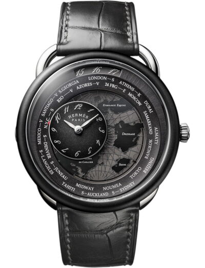 Hermes wristwatch with platinum and microblasted titanium case, black dial and alligator leather strap