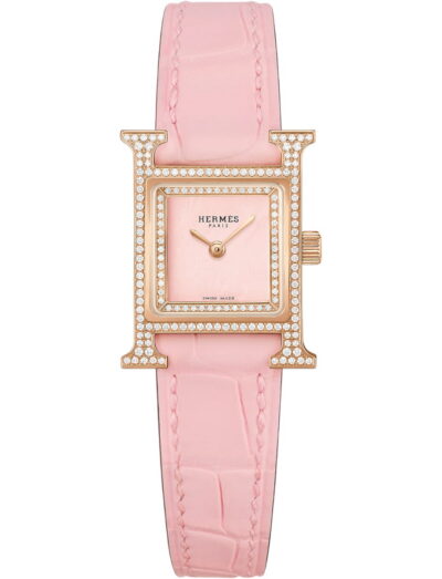 Hermes wristwatch with rose gold case, rose opal dial and alligator leather strap