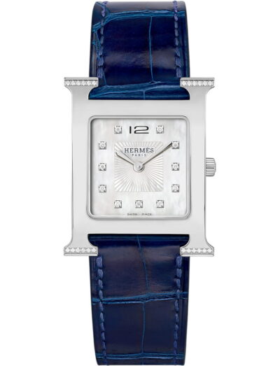 Hermes wristwatch with stainless steel case, white mother of pearl dial and alligator