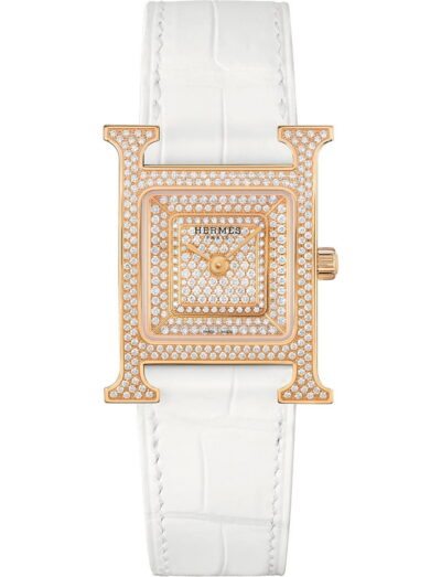 Hermes wristwatch with rose gold case, diamond-set beveled dial and alligator leather strap