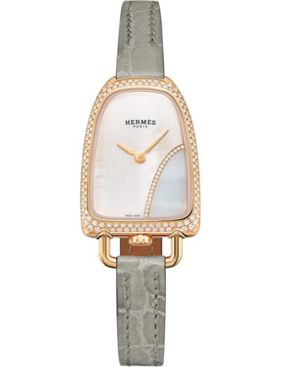 Hermes wristwatch with rose gold case, mother of pearl dial and alligator leather strap