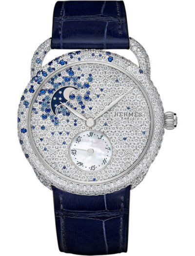 Hermes wristwatch with white gold case, white gold diamond dial and blue alligator leather strap