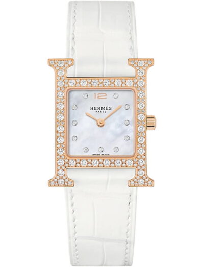 Hermes wristwatch with rose gold case, white mother of pearl dial and alligator leather strap