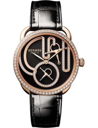 Hermes wristwatch with rose gold case, black dial and alligator leather strap
