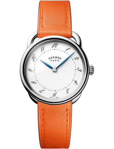 Hermes wristwatch with stainless steel case, white dial and calfskin leather strap