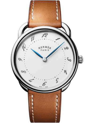 Hermes wristwatch with stainless steel case, white dial and calfskin leather strap