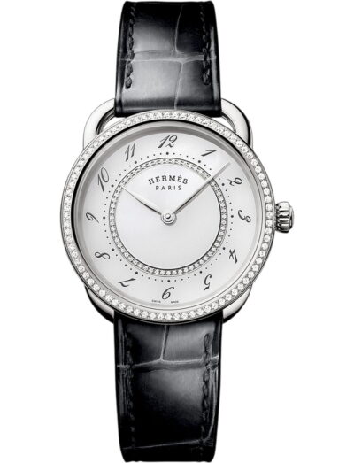 Hermes wristwatch whit stainless steel case, white dial and alligator leather strap