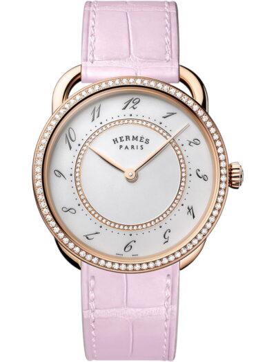 Hermes wristwatch with rose gold case, white dial and alligator leather strap