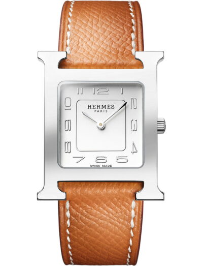 Hermes wristwatch with stainless steel case, silver dial and calfskin leather strap