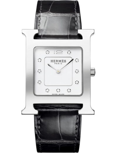 Hermes wristwatch with stainless steel case, white dial and alligator leather strap