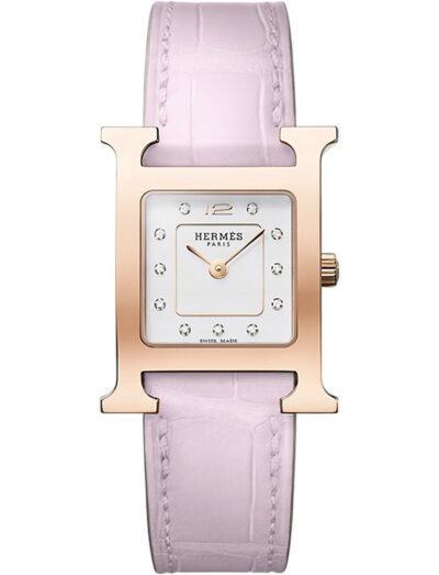 Hermes wristwatch with rose gold plated steel case, white dial and alligator leather strap