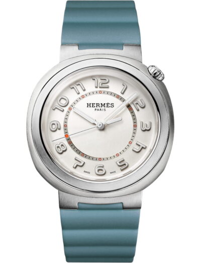 Hermes wristwatch with stainless steel case, silver dial and blue jean rubber strap