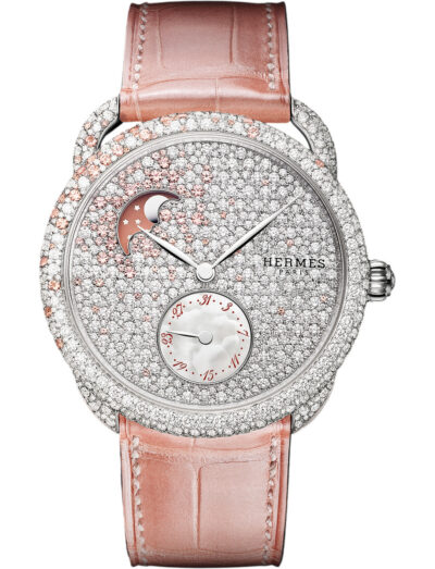 Hermes wristwatch with white gold case, white gold diamond dial and alligator leather strap