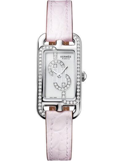 Hermes wristwatch with stainless steel case, white dial and alligator leather strap