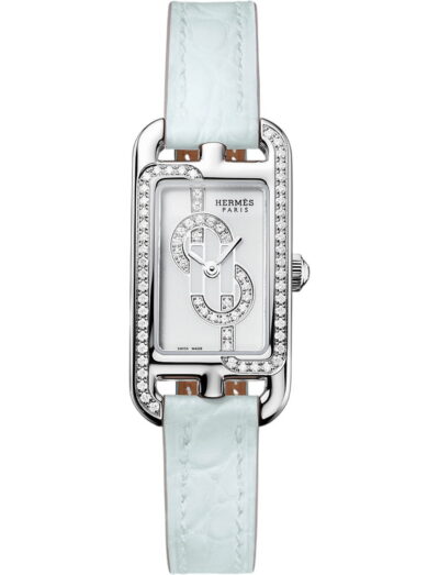 Hermes wristwatch with stainless steel case, white dial and alligator leather strap