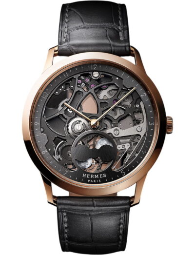 Hermes wristwatch with rose gold case, skeleton dial and alligator leather strap