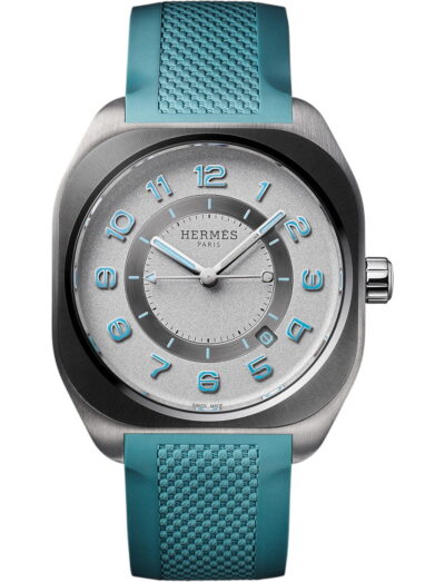 Hermes wristwatch with titanium case, grey dial and blue rubber strap