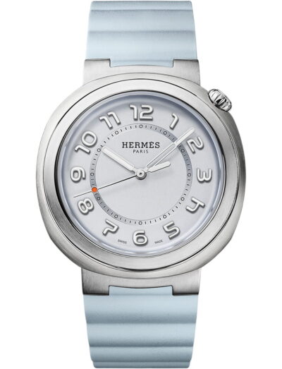 Hermes wristwatch with stainless steel case, light blue dial and blue rubber strap