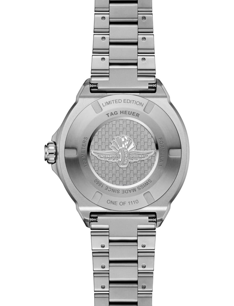 Back view of TAG Heuer wristwatch with stainless steel case and bracelet and black dial