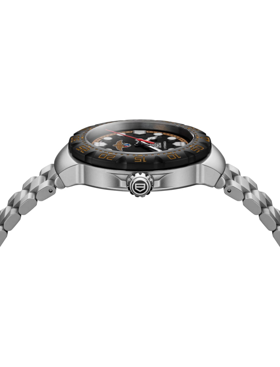 Side view of TAG Heuer wristwatch with stainless steel case and bracelet and opaline dial