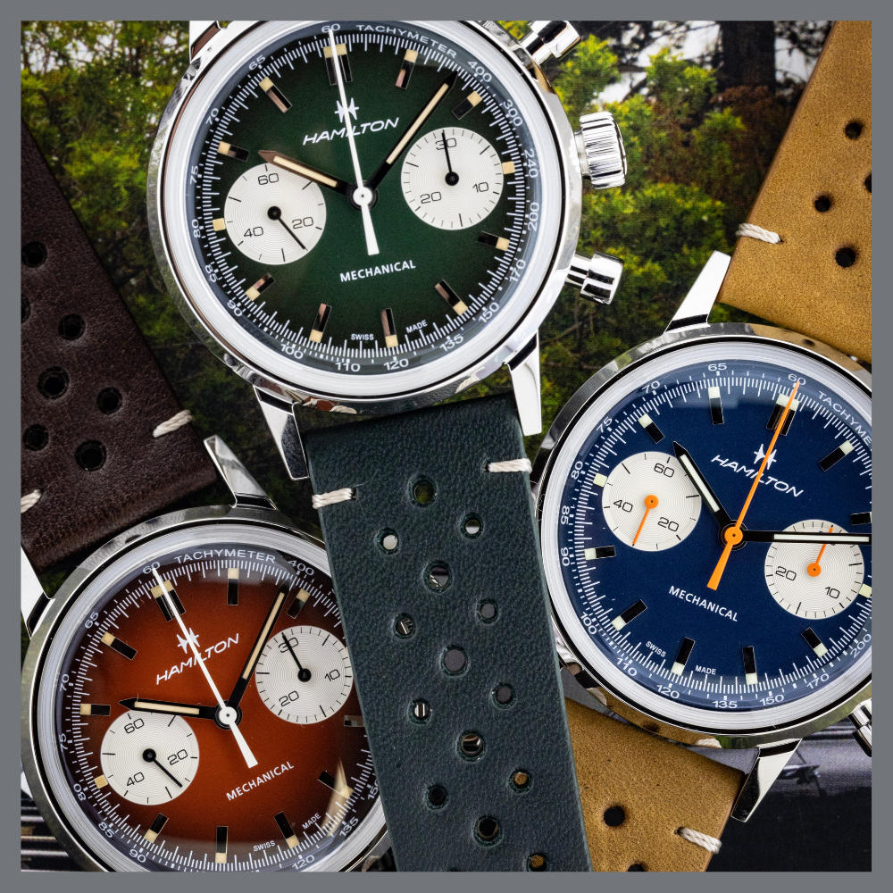 america250 12 | Feldmar Watch Co. Close-up of four Hamilton mechanical chronograph watches with green, white-subdial faces and perforated leather straps.