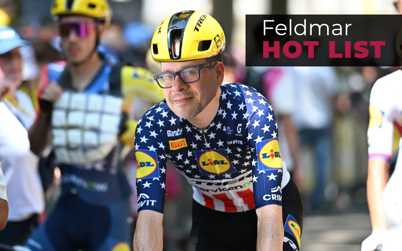 Cyclist wearing a yellow helmet and star-spangled jersey with Lidl logos, in a race scene with onlookers, overlaid by a 'Feldmar HOT LIST' banner.