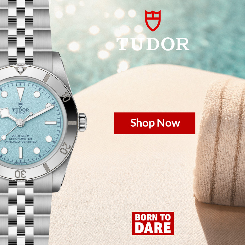 Tudor advertisement showing a stainless steel watch with a blue dial beside a red 'Shop Now' button and 'Born to Dare' slogan at the bottom.