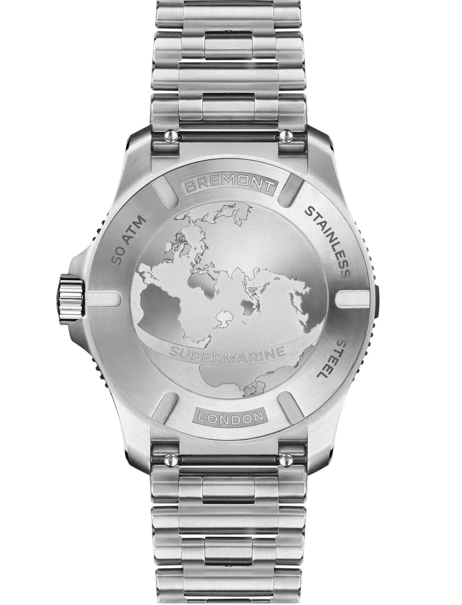 Stainless steel Bremont Supermarine watch back with world map engraving and 'London' label at bottom, 50 ATM.