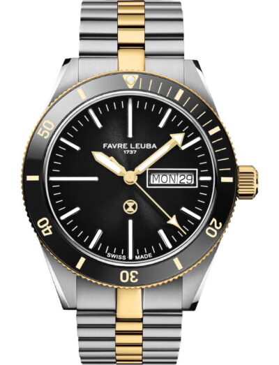 Two-tone wristwatch with black dial,, and steel-gold bracelet; day/date window at 3 o'clock showing MON 29; Favre Leuba | Feldmar Watch Co. Two-tone wristwatch with black dial,, and steel-gold bracelet; day/date window at 3 o'clock showing MON 29; Favre Leuba