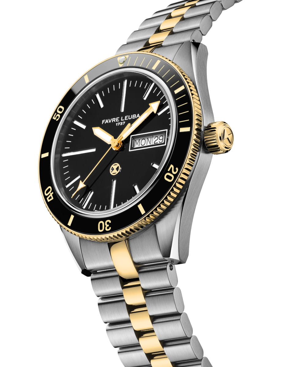 Two-tone Favre Leuba wristwatch with black dial, date window, and steel-and-gold bracelet.