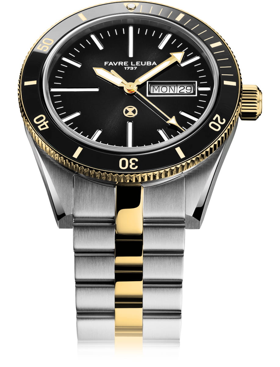 Luxury two-tone wristwatch with black dial, and steel–gold bracelet; displays day/date window and prominent hands (Favre Leuba).
