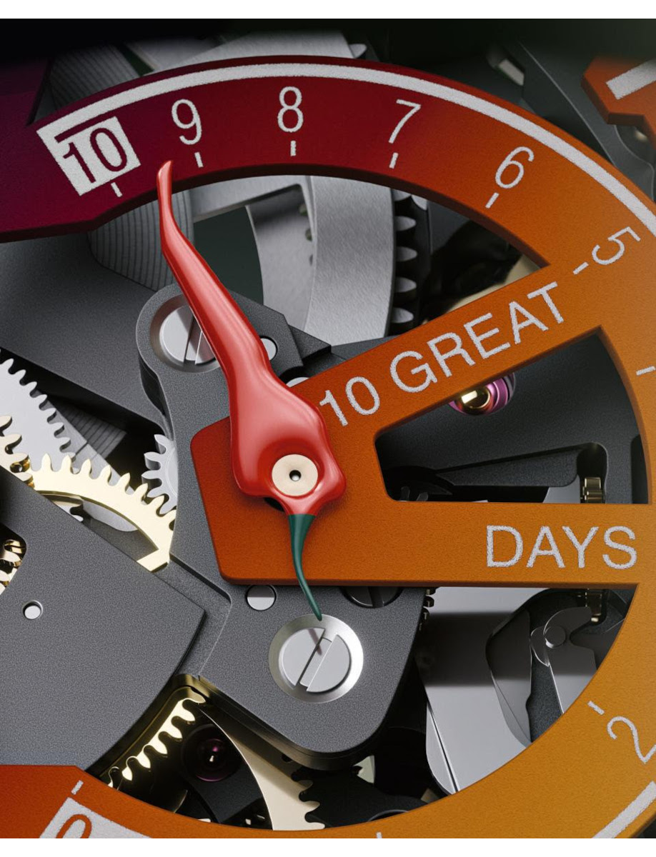 Close-up of a mechanical timer with orange dial reading '10 GREAT DAYS' and a red pointer.